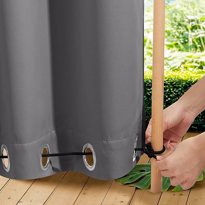 NICETOWN 2 Panels Outdoor Curtains Waterproof Extra Long 108" for Patio, Windproof Top & Bottom Grommet & Back Tab Weighted Blackout Outdoor Drapes Keep Privacy with Rope for Fixed, 104" Wide, Grey