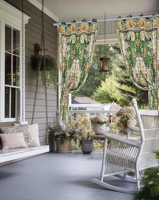 Ombre Green Boho Outdoor Curtains for Patio Waterproof, Grommet Privacy Curtain Drapes Weatherproof Outside Curtains for Porch GazeboPergola Cabana 2 Panel 54x95inch Vintage Ethnic Tribal Geometric