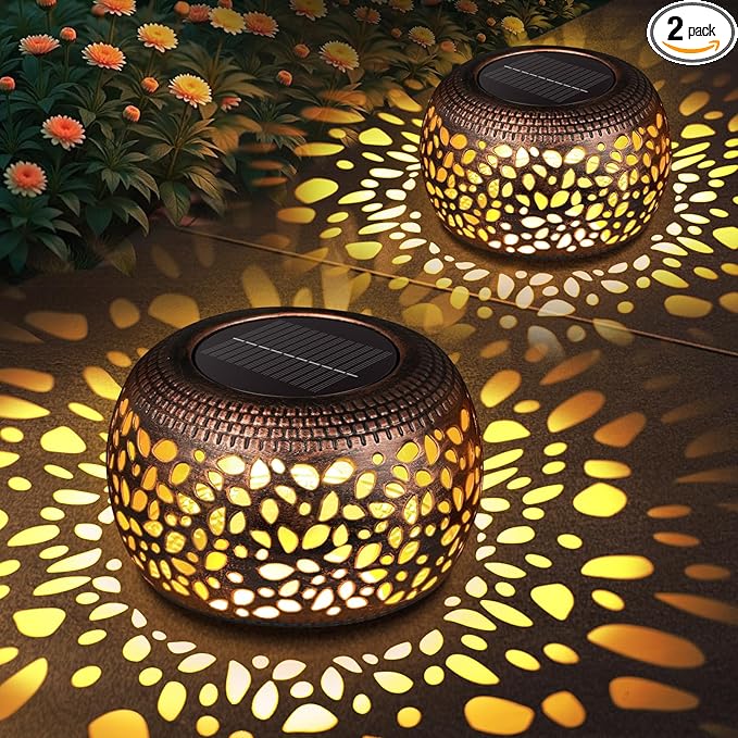 Solar Lanterns Outdoor Waterproof Decor: 2 Pack Red Copper Hollow Out Retro Metal Solar Lights - Unique Gardening Gifts for Women Mom - Outside Patio Porch Yard Tabletop Decorations 2 Lighting Modes