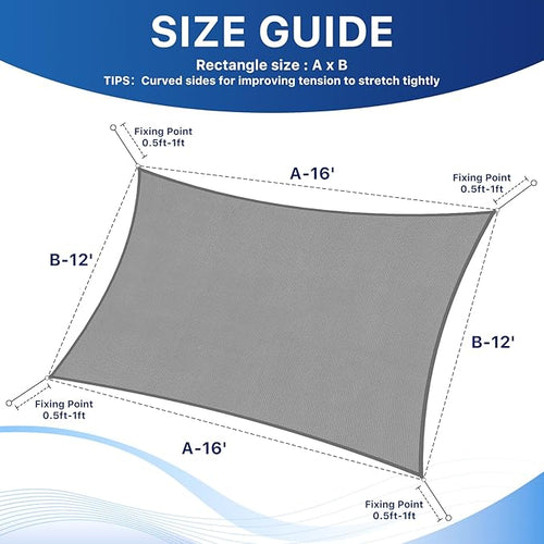 12'x16' Sun Shade Sail, UV Protection Outdoor Shade, Curved Tear Resistant Heavy Duty Sun Shade for Patio Garden, Backyard, Deck, Car Port, Playground, (Grey)