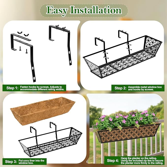 SPECILITE 24" Window Boxes Planters, Heavy Duty Metal Railing Planter Boxes, Adjustable Balcony Planters for Railing Hanging, with Coco Liner & Tool Set for Deck, Porch, and Patio Gardening (4 Pack)