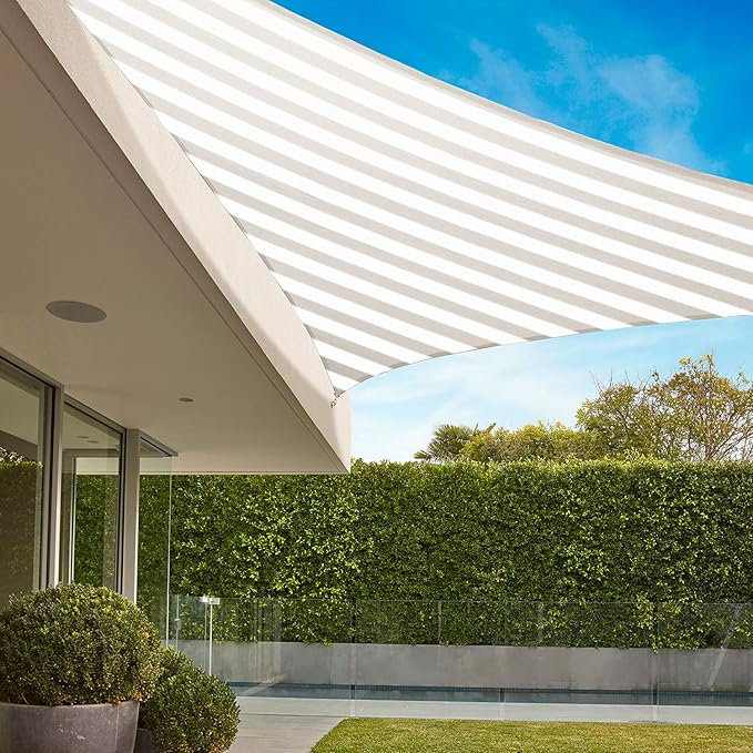 E&K Sunrise 25' x 25' x 25' Sun Shade Sail Triangle Canopy Shade Cover UV Block for Patio Backyard Garden Outdoor (Beige White Strip)