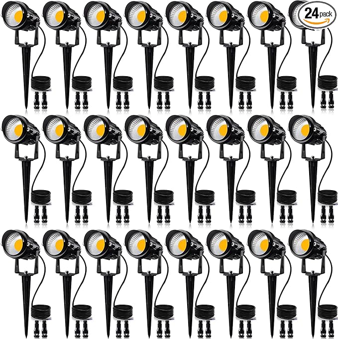 SUNVIE 24 Pack Low Voltage Landscape Lights LED 12W Landscape Lighting with connectors AC/DC 12V-24V Outdoor Spotlight IP65 Waterproof Tree Flag Lights Warm White Spotlights for Yard Garden Pathway