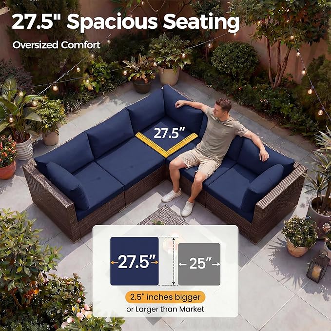 NICESOUL 8 Person Modern Deck Furniture Set, 29.3'' High Back Comfy Outdoor Sectional Sofa Set, Extra Large Wicker Patio Conversation Seating Sets for Terrace, Brown Rattan and Navy Blue Cushion