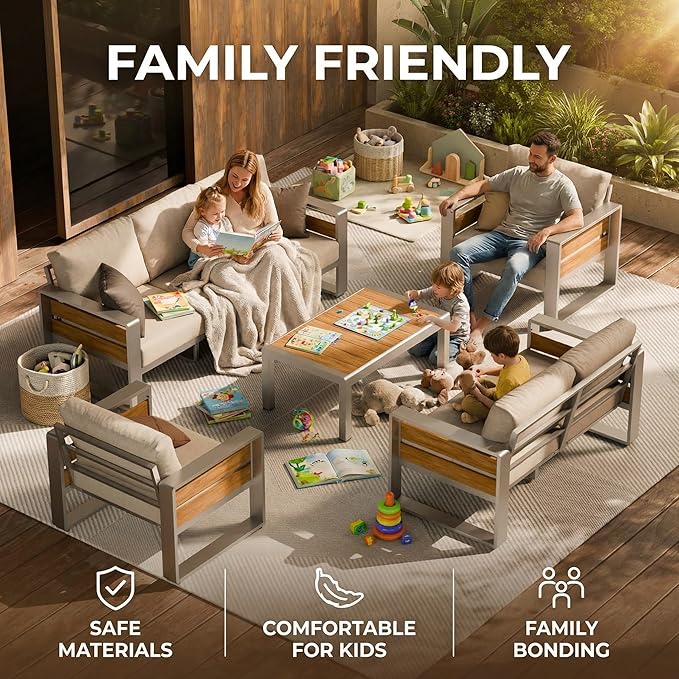 ZANDOR Aluminum Outdoor Patio Conversation Furniture Set, 5 PCS Metal Modern Outside Sectional Lawn Furniture with Coffee Table & Washable Thick Cushions,Seating Sofa for Garden/Backyard/Porch Silver