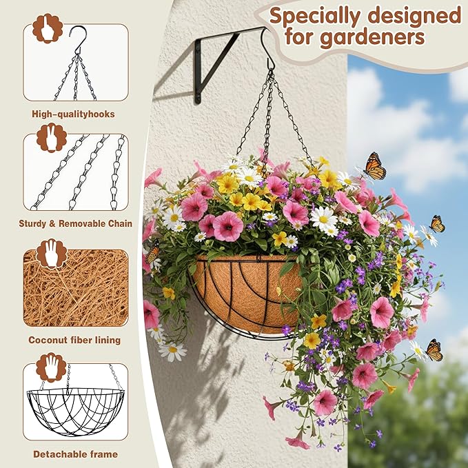 Metal Hanging Baskets for Plants Outdoor 4 Pack Round Metal Wire Hanging Basket Planter (Grid, 10 Inch)