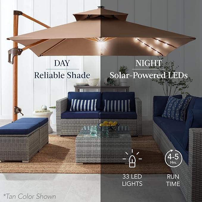 Best Choice Products 10ft Square Cantilever Patio Umbrella w/Base Included, Woodgrain Pattern Pole & Solar LED Lights, 360-Rotation, Offset Hanging Outdoor Shade - Burgundy