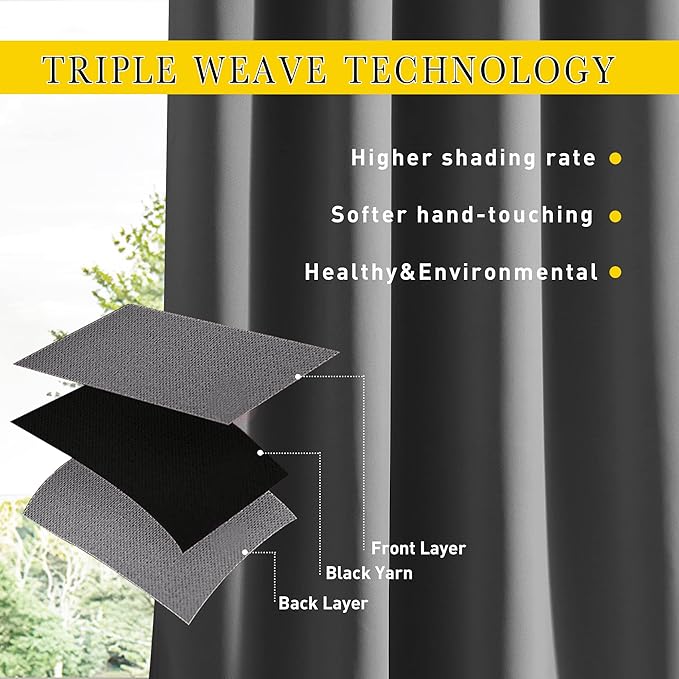 NICETOWN 2 Panels Outdoor Curtains for Patio Waterproof & Windproof, Grommet & Back Tab on Top & Bottom Weighted Drapes Keep Sun/Rain Out with Bouns Rope for Deck, Grey, W66 x L90