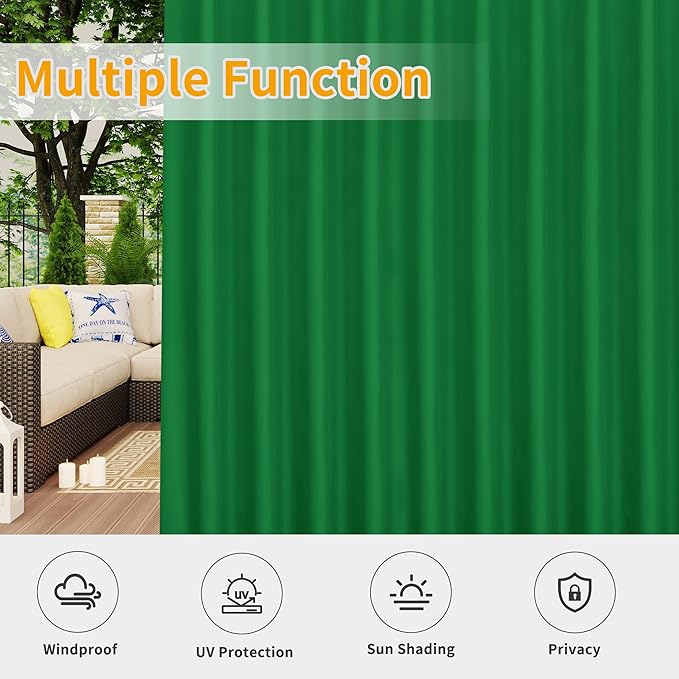 Easy-Going Outdoor Patio Curtains Detachable Tab Top Windproof Weatherproof Curtain for Cabana, Porch, Pergola and Gazebo, Tab Bottom Drape, 2 Panels, 110W x 84L inch, Green