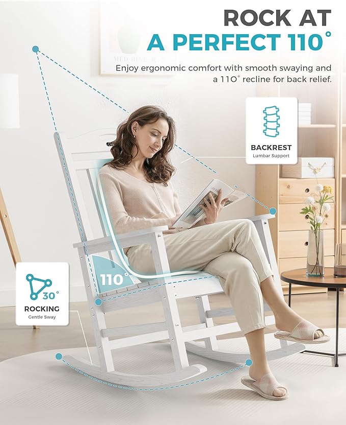 Ciokea Oversized Outdoor Rocking Chair, 380lbs Heavy-Duty Large Patio Rocker, Weather Resistant & Anti-Fade Porch Chair, High Back Cozy Rocking Chair for Outside, Fire Pit, Deck, Garden, White