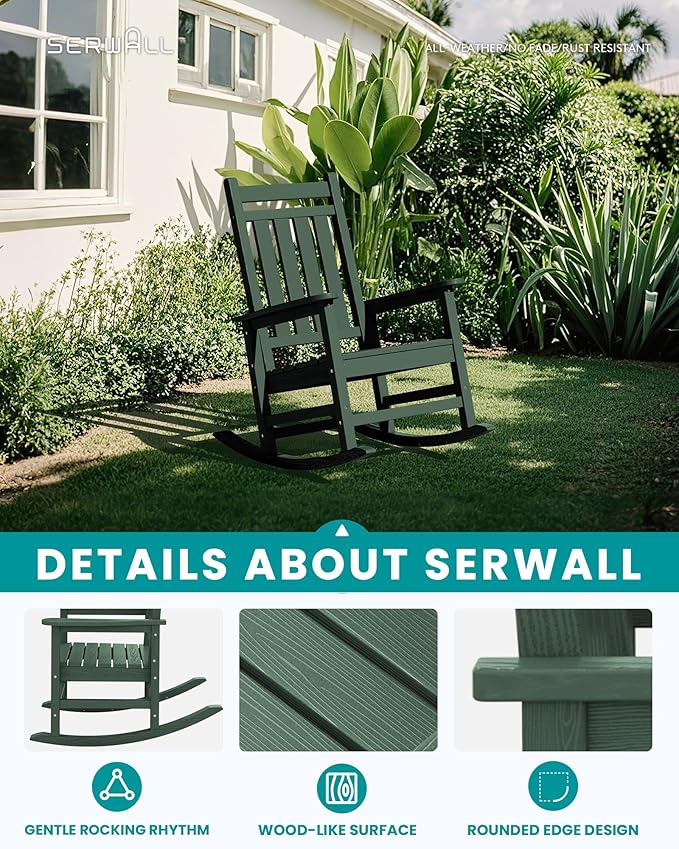 SERWALL HDPE Outdoor Rocking Chair Set of 8, Patio Rocking Chairs for Adults, All Weather Outdoor Rockers for Lawn, Green