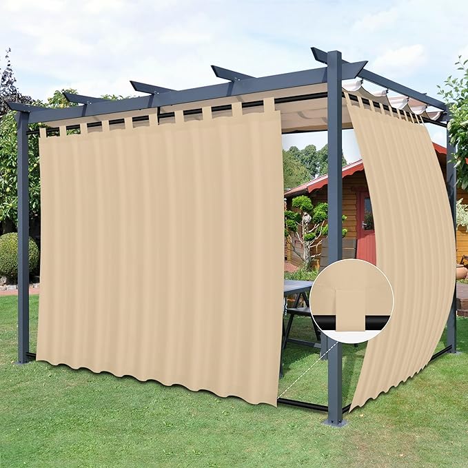 Easy-Going Outdoor Patio Curtains Detachable Tab Top Windproof Weatherproof Curtain for Cabana, Porch, Pergola and Gazebo, Tab Bottom Drape, 2 Panels, 110W x 84L inch, Beige