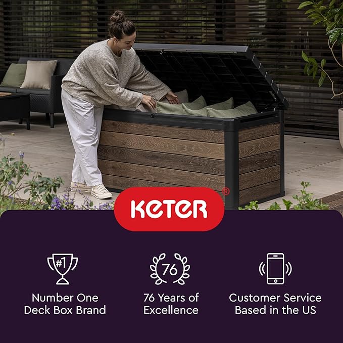 Keter Kentwood 50 Gallon Resin Deck Box for Outdoor Storage – Weather‑Resistant Balcony & Patio Box for Cushions, Throw Pillows & Garden Tools, Dark Grey