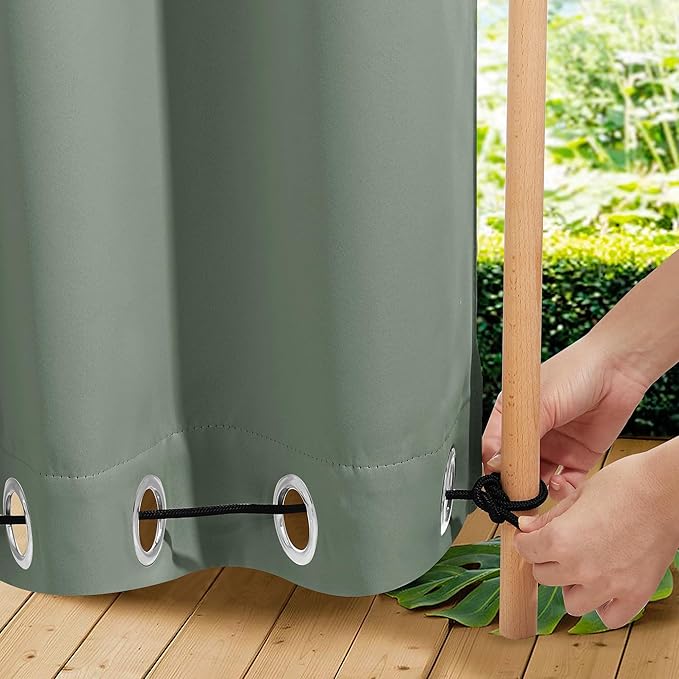 NICETOWN 2 Panels Outdoor Curtains for Patio Waterproof & Windproof, Extra Wide Grommet & Back Tab on Top & Bottom Thermal Insulated Sun Blocking Drapes with Rope for Gazebo, Sage Green, W100 x L95