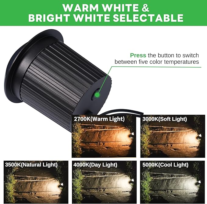 Low Voltage Well Lights - 5 Colors Temp IP67 In-Ground Light, 2700K/3000K/3500K/4000K/5000K Outdoor 12V LED Turret Top Landscape Lighting, ORB Aluminum for Pathway Deck Patio 3W 170LM