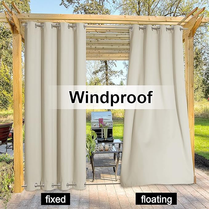 NICETOWN Outdoor Curtain Extra Wide for Patio Waterproof & Windproof, Rustproof Top and Bottom Grommet Thermal Insulated Drape Public Divider for Porch/Cabana, Beige, 1 PC, W100 x L84