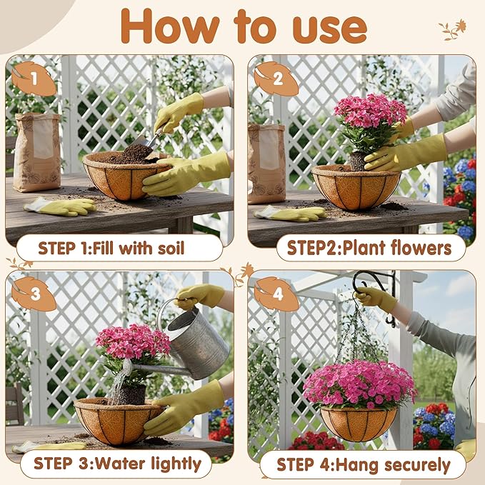 8 inch Metal Hanging Baskets For Plants Outdoor 4 Pack Round Metal Wire Hanging Basket Planter with Coco Fiber Liners Chain Round Wire Plant Holder for Garden, Patio, Deck, Porch Plants Flower Potss