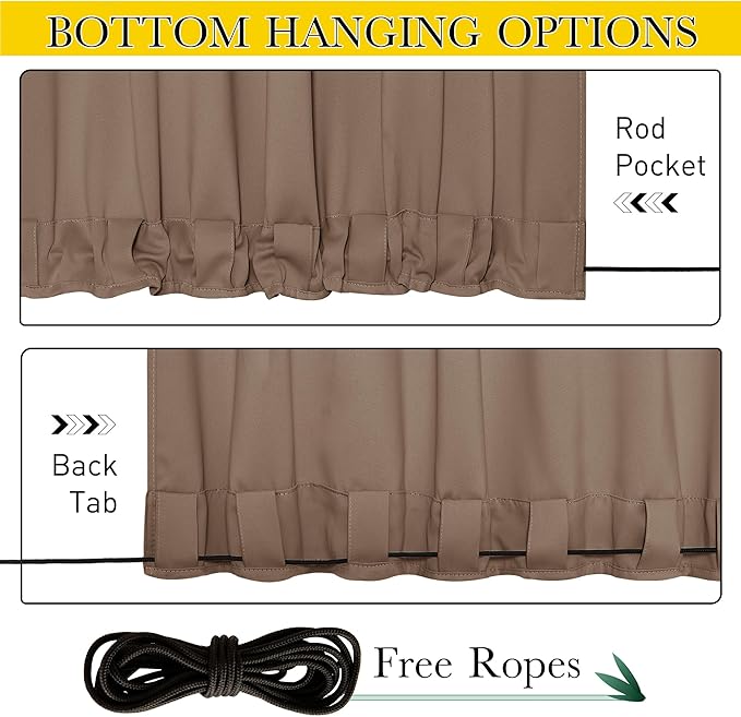 NICETOWN 2 Panels Outdoor Curtains Waterproof Pocket & Back Tab on Top & Bottom, Thermal Insulated Windproof Sun Blocking Outside Privacy Drapes for Patio with Fixed Rope, W84 x L95, Tan