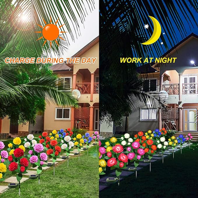 Solar Flower Lights Outdoor - Upgraded New Material Two Modes Realistic LED Solar Powered Waterproof Lights with 5 Roses, Solar Decorative Stake Lights for Garden (Multicolor, 4 Pack)