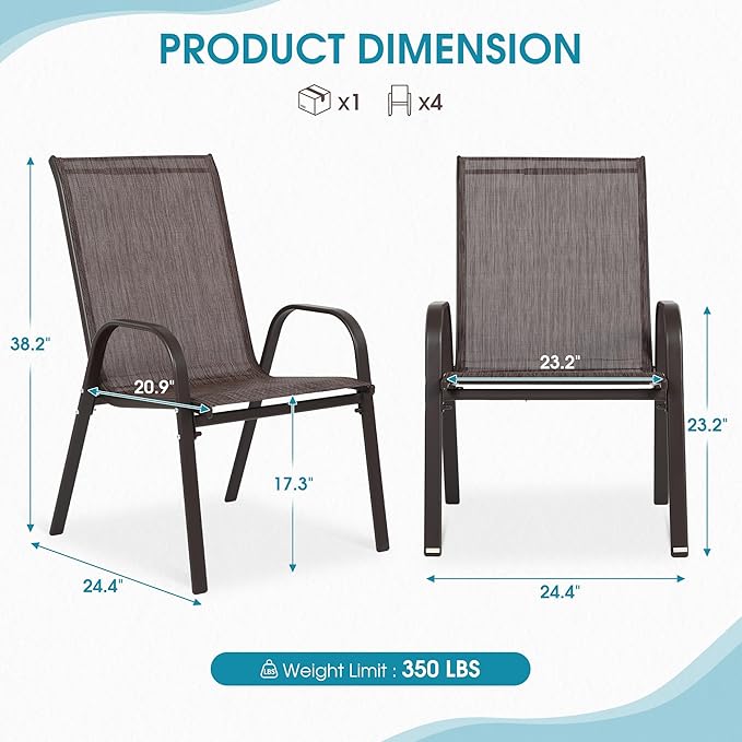 Outdoor Stackable Chairs Set of 4, Stacking Patio Chairs with Textilene Fabric, Outside Furniture for Garden Backyard Balconie Poolside Deck, Brown
