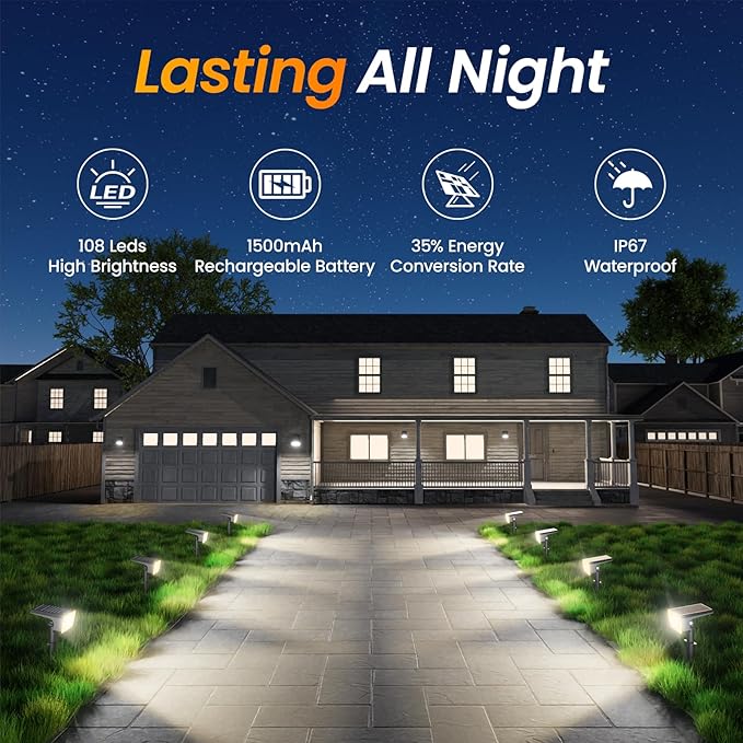 Fabrito Solar Spot Lights Outdoor 8 Pack, [108Leds, 4 Modes] Auto On/Off Spotlights, IP67 Waterproof Landscape Lights for Tree, Yard, Patio, Pool, Pathway, Driveway, Cool White
