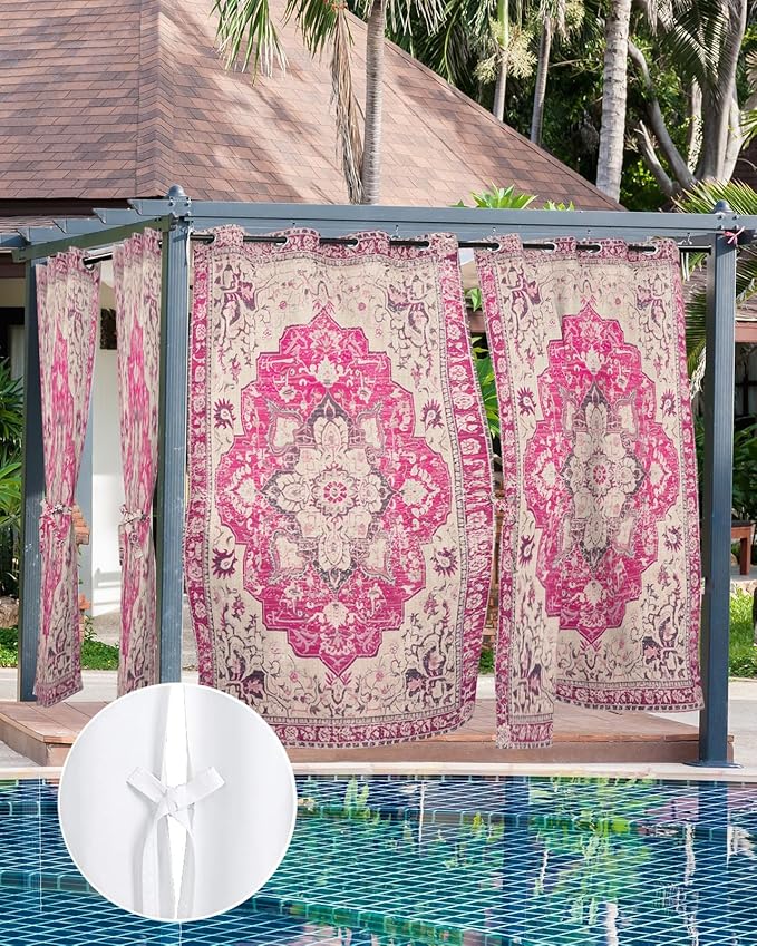 Pink Bohemian Outdoor Curtains for Patio Waterproof, Grommet Privacy Curtain Drapes Weatherproof Outside Curtains for Porch GazeboPergola Cabana 2 Panel 54x108inch Medallion Floral Geometric Printed