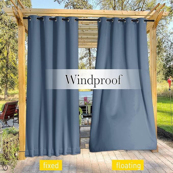 NICETOWN 2 Panels Outdoor Curtains for Patio Waterproof & Windproof, Thermal Insulated Top & Bottom Grommet & Back Tab Sun Blocking Outdoor Drapes with Fixed Rope for Gazebo, Stone Blue, W66 x L90