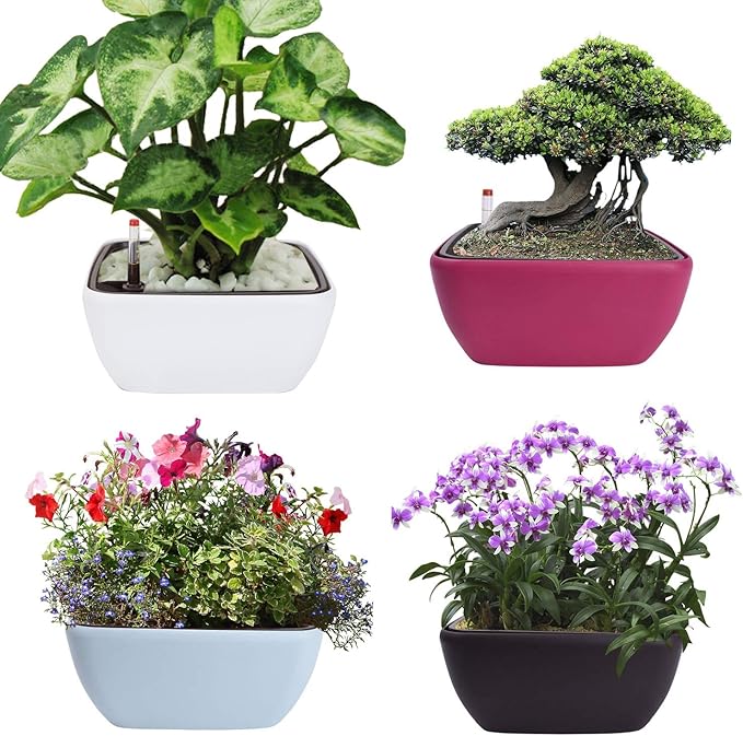 Vencer 10.8 Inch Plastic Square Self Watering Planter,Water Indicator,Modern Decorative Planter Pot for All House Plants Flowers,Herbs,Vegetables,Tropical,Coffee,VF-049C