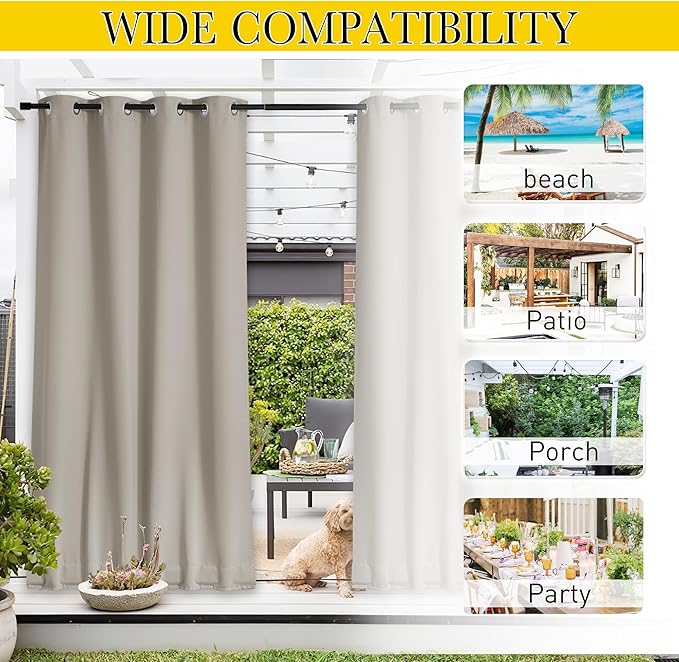 NICETOWN Outdoor Curtains for Patio Waterproof 108 inches Long 2 Panels, Windproof Thermal Insulated Top & Bottom Grommet/Back Tab Privacy Drapes with Rope for Gazebo, Natural, W52 x L108