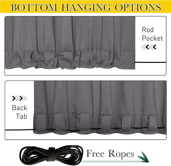 NICETOWN 2 Panels Outdoor Curtains Waterproof Pocket & Back Tab on Top & Bottom, Thermal Insulated Fixed Windproof Blackout Outdoor Drapes Privacy for Patio with Rope for Fixed, W52 x L95, Grey