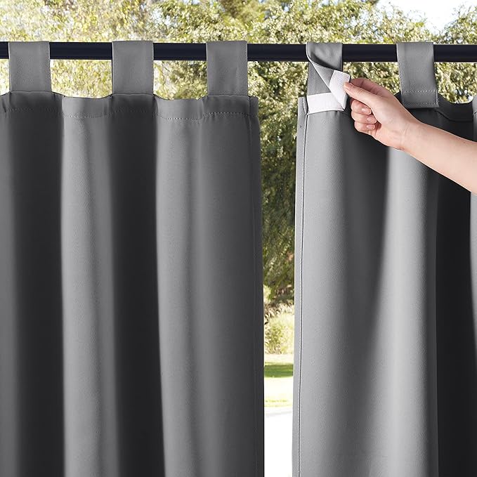 NICETOWN 2 Pieces Porch Curtainss Outdoor Waterproof 120" Extra Long, Detachable Sticky Tab Top Blackout Indoor Outdoor Living Dividers Thermal Insulated Blinds for Patio & Pergola, Grey, 104" W Total