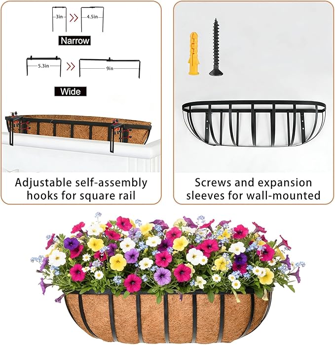 36'' Window Box Railing Planter with Coco Liner,4 Pack Horse Trough Planters Black Metal Hanging Flower Planters Basket for Porch Fence Patio Indoor Outdoor Lawn