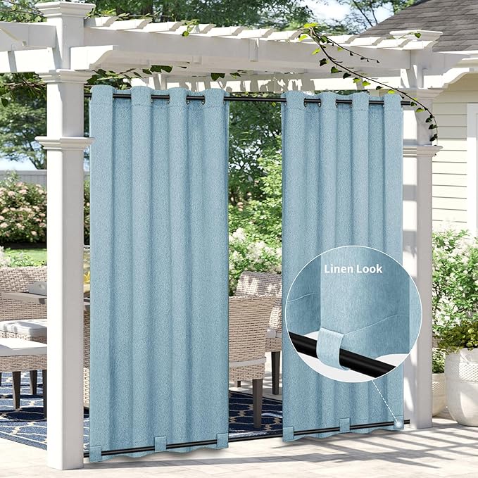 Easy-Going Linen Look Outdoor Curtains Waterproof Windproof Porch Curtains, Soft Thicken Outdoor Privacy Curtains for Patio, Gazebo, Grommet Top and Tab Bottom Drape, 1 Panel, 54x108 inch, Sky Blue