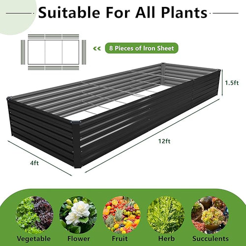 12x4x1.5FT Galvanized Raised Garden Bed,Vegetable Boxes-Rectangle Metal Flower Box,Large Planter Raised Beds Outdoor Garden for Planting,Fruit,Herb-Black