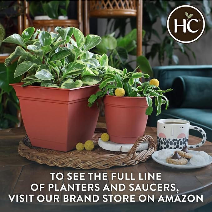 The HC Companies 6 Inch Eclipse Square Planter Pots w/Drainage Holes & Attached Saucer, Lightweight UV-Resistant Plastic Indoor Outdoor Planters, 4-Pack Flower Pots, Garden Home Decor, Peridot Green