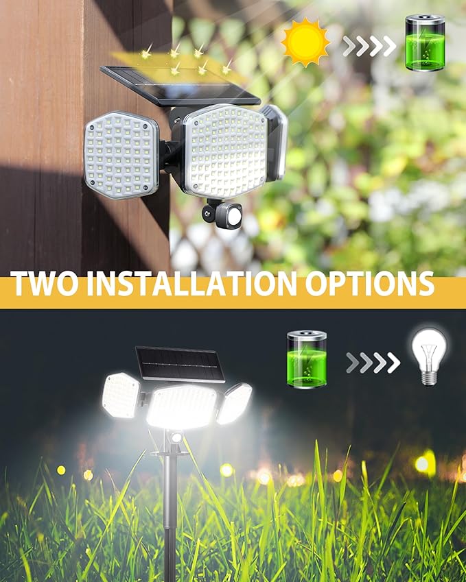 Solar Motion Lights Outdoor with Stake, 208 LED 270° Illumination Security Flood Lights for Yrad Garden Pathway, 3 Modes, IP65 Waterproof, In-Ground or Wall Mount