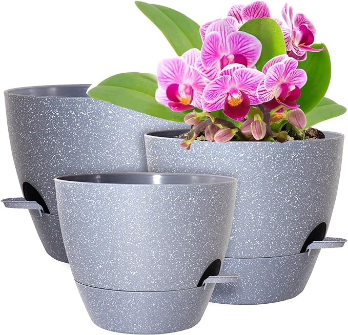 Big Self Watering Pots 12/10/9 inch, Planter, Plant Pots with Mesh Drainage Holes for Indoor Outdoor Garden Plants, Plastic Flower Pots with Removable Deep Reservoir, Speckled Grey