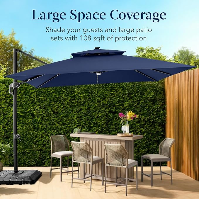 Best Choice Products 9x12ft LED Cantilever Patio Umbrella w/Base Included & 360° Rotation, Large Solar Offset Hanging Outdoor Sun Shade for Deck, Backyard Table w/Stand & Lights – Navy Blue