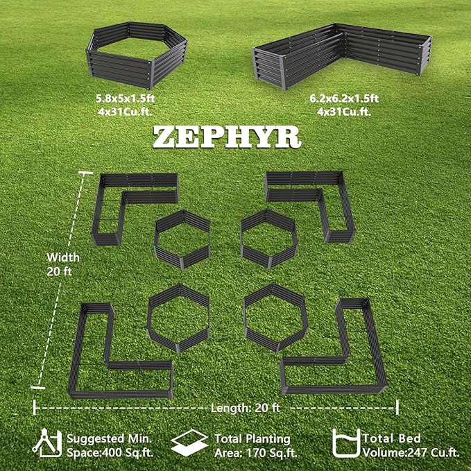 A ANLEOLIFE 8-Pack 70x60x18 in & 74x74x18 in Deep Root Galvanized Raised Garden Beds Outdoor for Planting Vegetables Flowers Herb, Quartz Grey