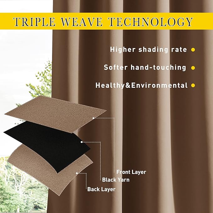 NICETOWN 2 Panels Outdoor Curtains for Patio Waterproof, Top & Bottom Grommet & Back Tab, Blackout Outdoor Drapes with Rope for Fixed Windproof Keep Privacy & Warm for Porch, W52 x L95, Tan-Khaki