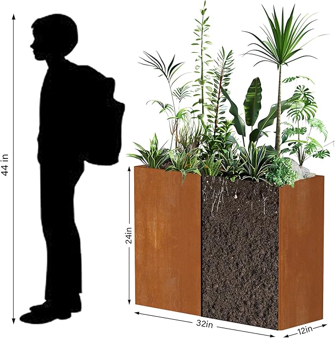 Cor Ten Steel Planters – 32x12x24H Inch Rectangular Planter Box | Weather-Resistant Design for Garden, Patio, or Porch (Rustic)