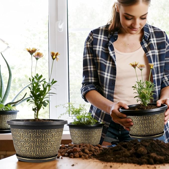 8 Inch Plant Pots, 4 Pack Flower Pot Outdoor with Drainage Holes & Trays, Retro Antique Imitation Decorative Garden Plastic Planters Pots for Plants Indoor Sets for Houseplants