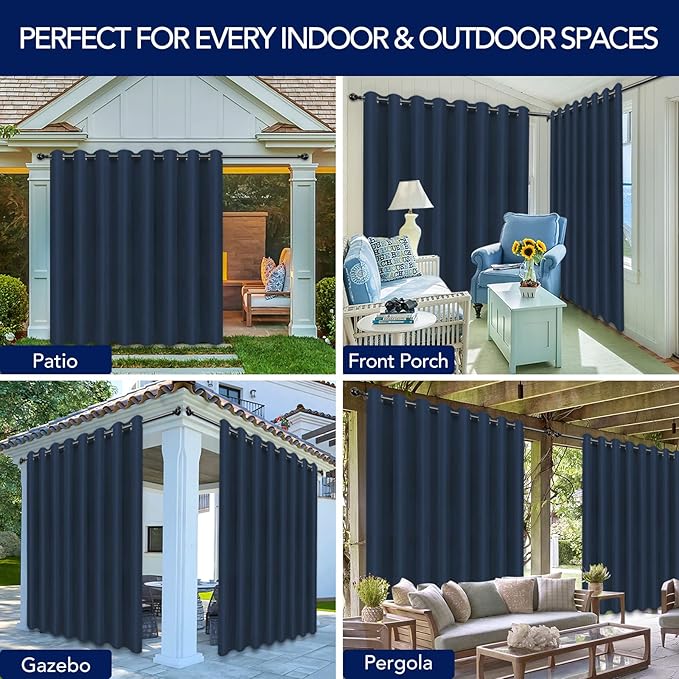PureFit Outdoor Curtains for Patio Waterproof Weatherproof, UV Resistant Outside Curtains for Gazebo, Front Porch, Pergola, Sun Blocking Privacy Curtain, 120W x 108L inch, 1 Panel, Navy Blue