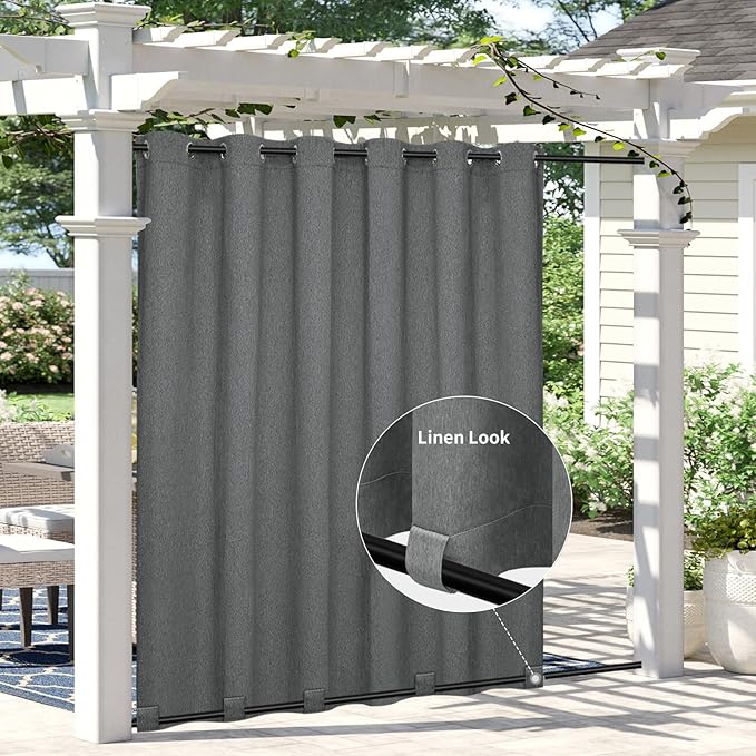 Easy-Going Linen Look Outdoor Curtains Waterproof Windproof Porch Curtains, Soft Thicken Outdoor Privacy Curtains for Patio, Gazebo, Grommet Top and Tab Bottom Drape, 1 Panel, 110x108 inch, Dark Grey