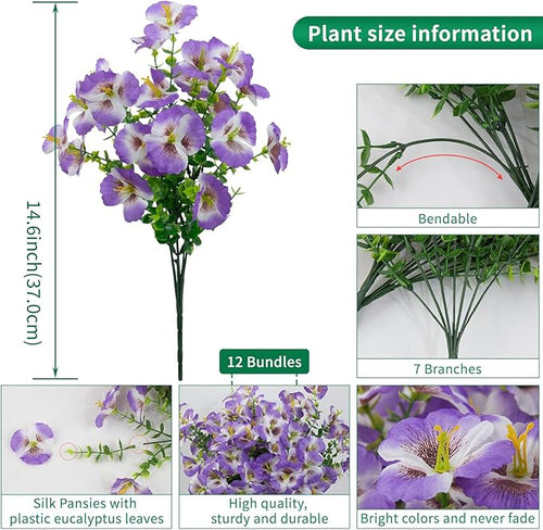 12 Bundles Artificial Pansy Flowers for Outdoor, Faux Silk Pansies Spring Flowers Outside for Planter Front Door Porch Patio Yard Window Box Home Decor (White Purple)