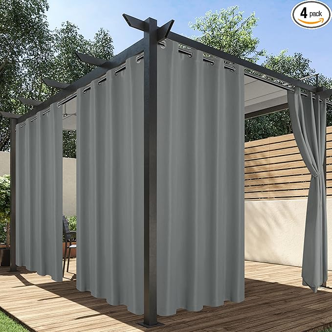 HolidayIdeas Outdoor Curtains for Patio Waterproof, 4 Panels - 54 x 95 Inch - Privacy Protection & Light Filtering Curtains Grey Grommet Outside Curtains for Porch, Gazebo, Pergola, Backyard