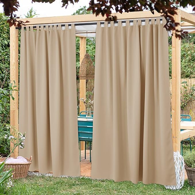 NICETOWN Outdoor Curtainss for Patio Waterproof 108 inch Extra Long, Self-Stick Tab Top Room Darkening Thermal Insulated Privacy Outdoor Space Drapes for Hall/Lounge, 84" Wide, Biscotti Beige, 2 PCs