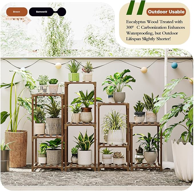 Bamworld Plant Stands Indoor 4 Sets Plant Shelves Outdoor Wooden Plant Holder for Multiple Plants Flower Stands Window