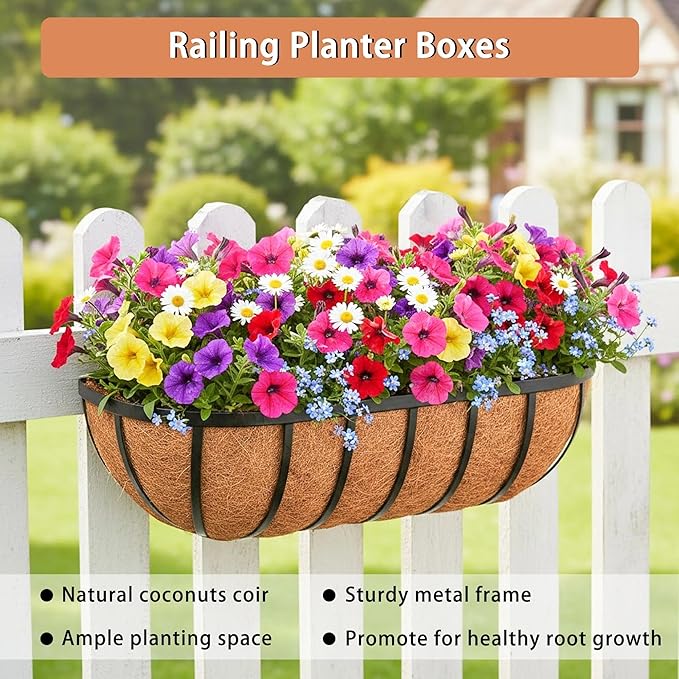 16'' Window Box Railing Planter with Coco Liner,4 Pack Horse Trough Planters Black Metal Hanging Flower Planters Basket for Porch Fence Patio Indoor Outdoor Lawn