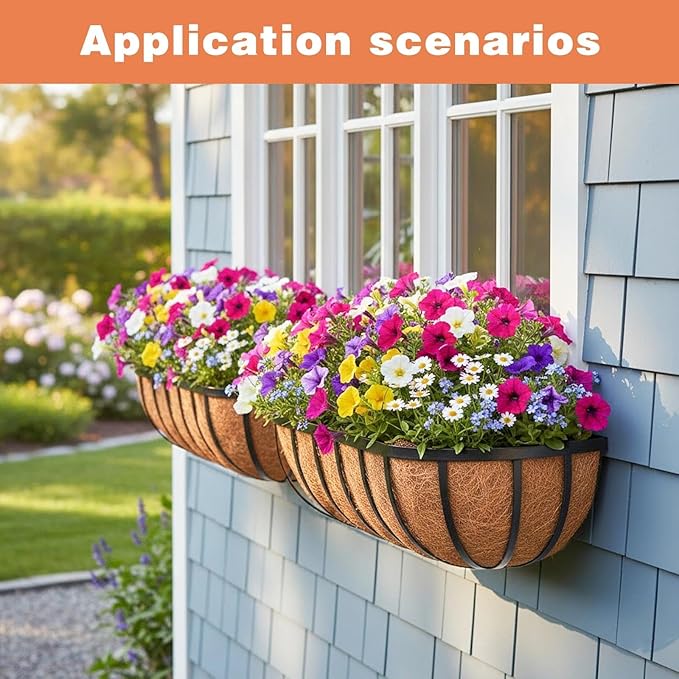4 Pack 24" Railing Planter Window Box with Coco Fiber Liner Horse Trough Planter The Railing Planter Boxes for Deck Porch Fence Outdoor